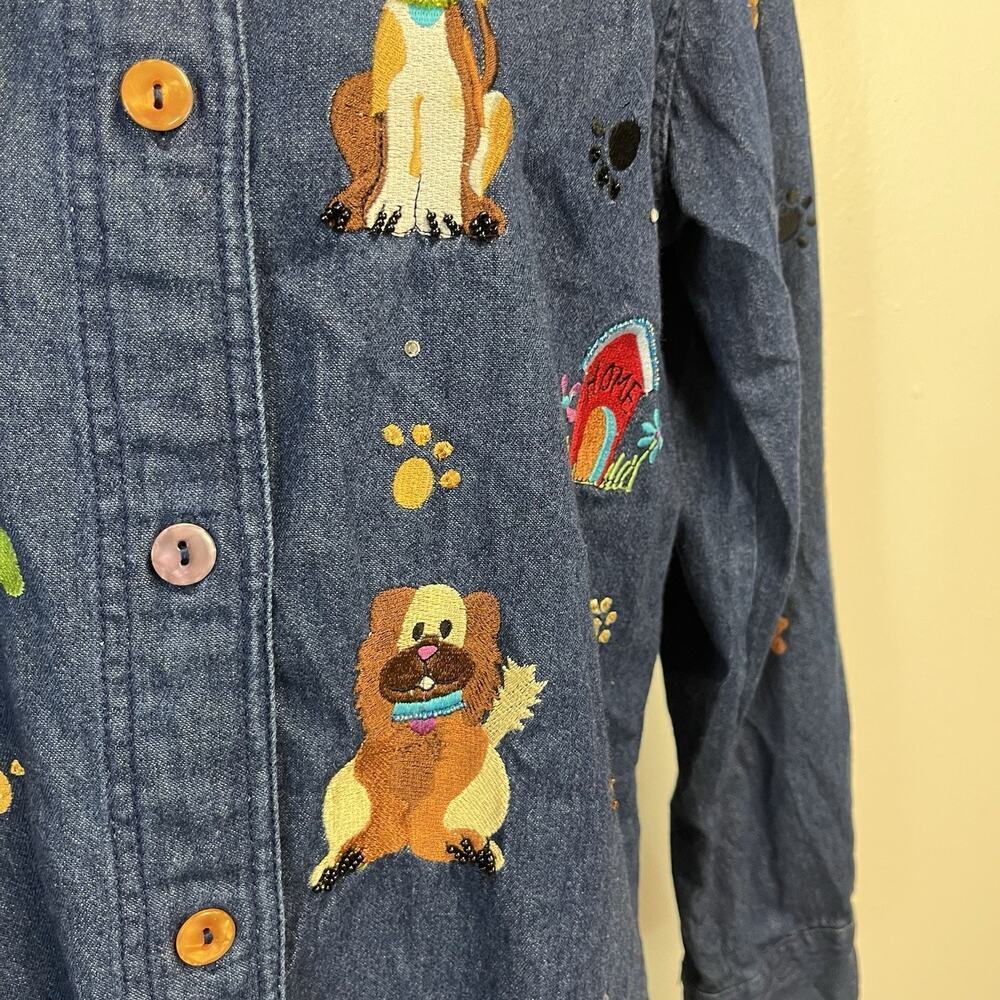 The Quacker Factory Denim Jean Shirt size Small Dogs Dalmatian Embroidery Beads - Picture 7 of 11